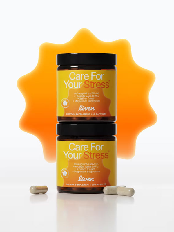Two bottles of 'Care For Your Stress' Liven supplement
