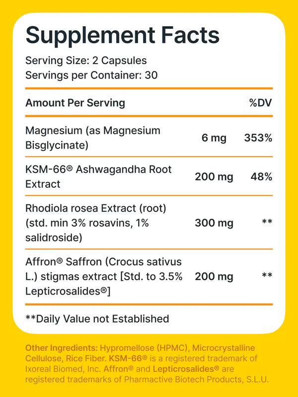 Supplement facts label with various extracts